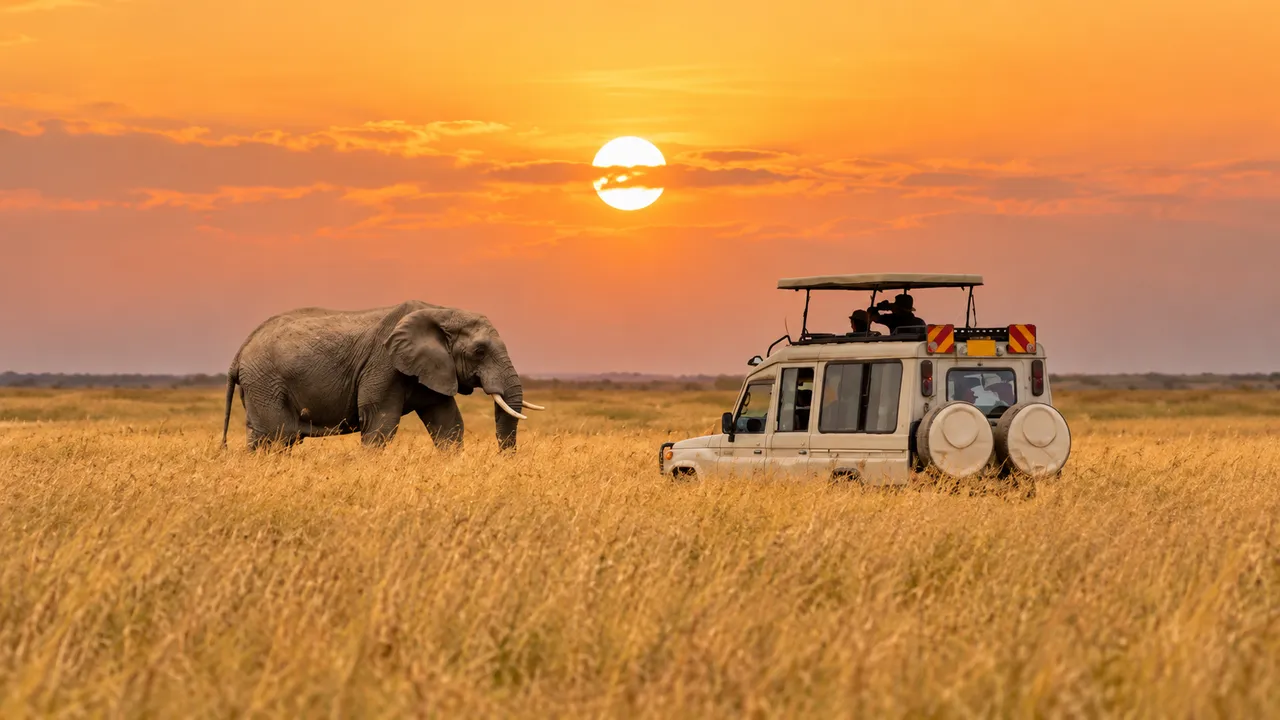 An elephant wanders through the golden savanna grass, silhouetted against the brilliance of the setting sun.